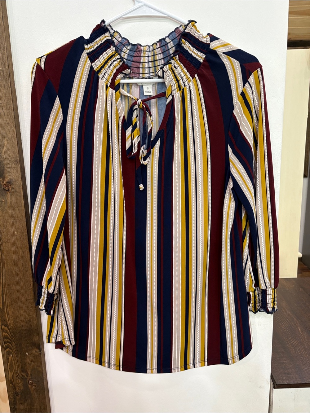 Women's Striped Long-Sleeve Peasant Blouse - Navy/Maroon/Gold